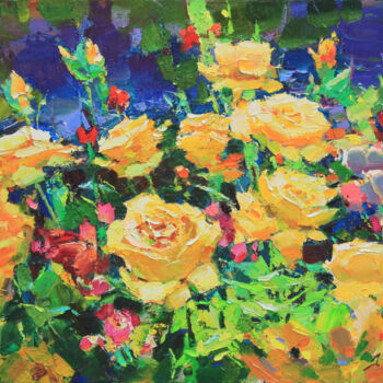 Painting titled "Yellow roses" by Alisa Onipchenko-Cherniakovska, Original Artwork, Oil Mounted on Wood Stretcher frame