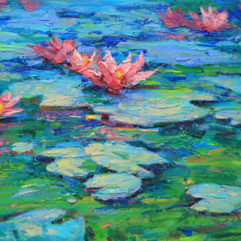 Pittura intitolato "Pink lilies" da Alisa Onipchenko-Cherniakovska, Opera d'arte originale, Olio Montato su Altro pannello r…