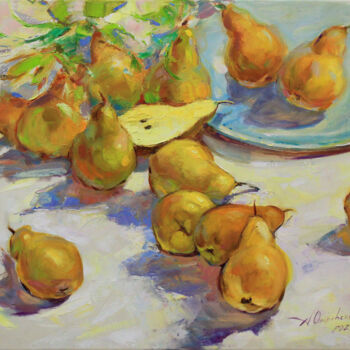 Painting titled "Sweet pears" by Alisa Onipchenko-Cherniakovska, Original Artwork, Oil Mounted on Wood Stretcher frame