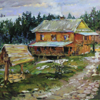 Painting titled "WINTER EVENING" by Alisa Onipchenko-Cherniakovska, Original Artwork, Oil Mounted on Wood Stretcher frame