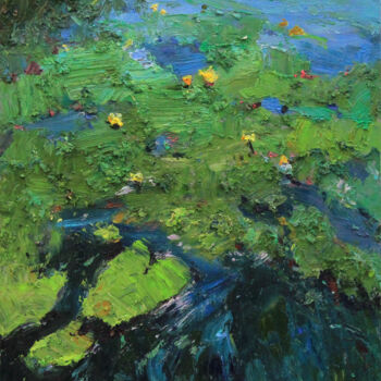 Painting titled "Water lilies pond" by Alisa Onipchenko-Cherniakovska, Original Artwork, Oil Mounted on Other rigid panel