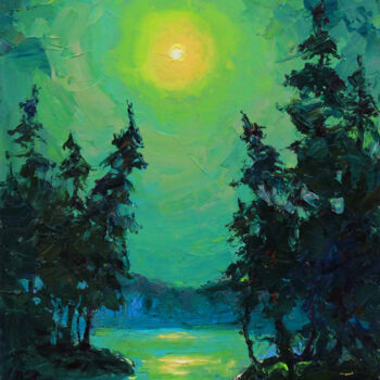 Painting titled "Full moon in green" by Alisa Onipchenko-Cherniakovska, Original Artwork, Oil Mounted on Other rigid panel