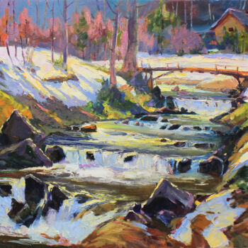 Ζωγραφική με τίτλο "Mountain river" από Alisa Onipchenko-Cherniakovska, Αυθεντικά έργα τέχνης, Λάδι Τοποθετήθηκε στο Ξύλινο…