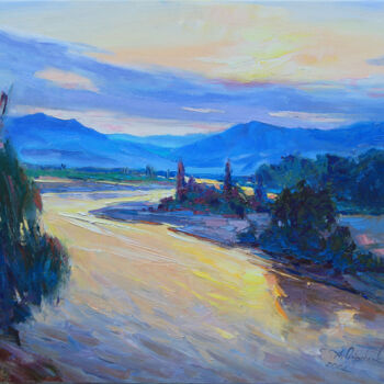 Malerei mit dem Titel "Sunrise by the river" von Alisa Onipchenko-Cherniakovska, Original-Kunstwerk, Öl