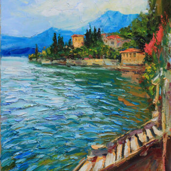 Painting titled "Como Lake" by Alisa Onipchenko-Cherniakovska, Original Artwork, Oil Mounted on Wood Stretcher frame