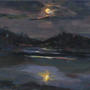 Painting titled ""Moon night"" by Alisa Onipchenko-Cherniakovska, Original Artwork, Oil Mounted on Wood Stretcher frame