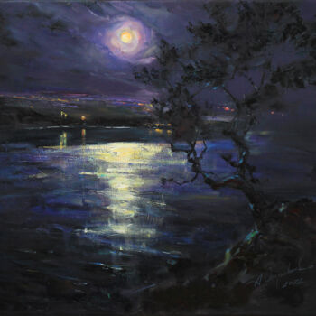 Painting titled "In the night" by Alisa Onipchenko-Cherniakovska, Original Artwork, Oil Mounted on Wood Stretcher frame