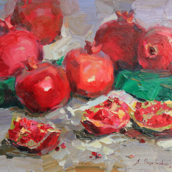 Pittura intitolato "Pomegranate on grey" da Alisa Onipchenko-Cherniakovska, Opera d'arte originale, Olio Montato su Altro pa…