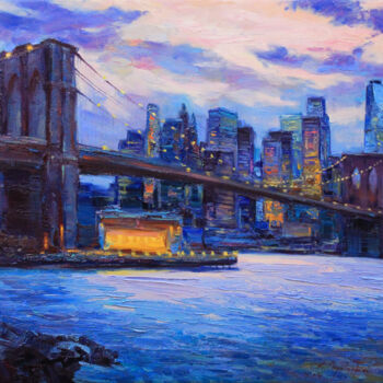 Painting titled "Brooklyn Bridge" by Alisa Onipchenko-Cherniakovska, Original Artwork, Oil Mounted on Wood Stretcher frame