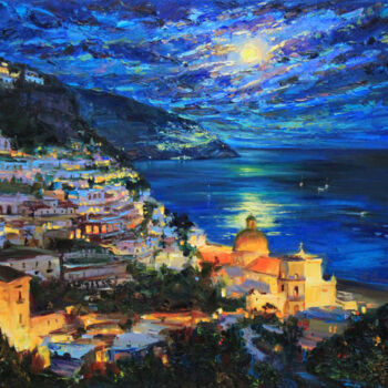 Schilderij getiteld "Night Amalfi Coast" door Alisa Onipchenko-Cherniakovska, Origineel Kunstwerk, Olie Gemonteerd op Frame…