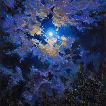 Painting titled "Full moon night" by Alisa Onipchenko-Cherniakovska, Original Artwork, Oil Mounted on Wood Stretcher frame