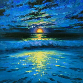 Pittura intitolato "Moonrise in blue" da Alisa Onipchenko-Cherniakovska, Opera d'arte originale, Olio Montato su Telaio per…
