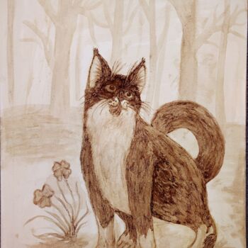 Painting titled "Coffee cat" by Alisa Vorobyeva, Original Artwork, Watercolor