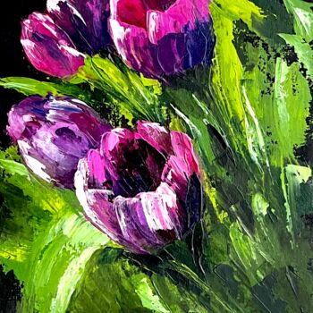 Painting titled "Dark tulips" by Alisa Koenig, Original Artwork, Oil Mounted on Cardboard
