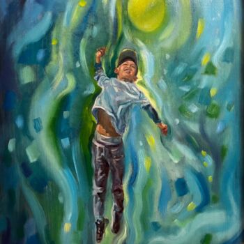 Painting titled "The boy with a gree…" by Aliya Shagieva, Original Artwork, Oil Mounted on Wood Stretcher frame