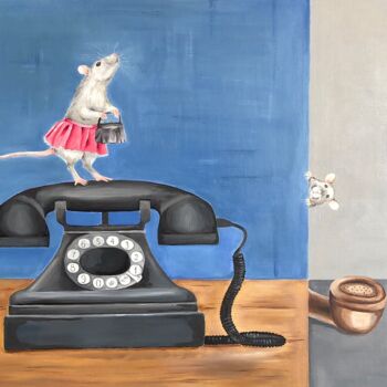 Картина под названием "Rats and retro phone" - Aliya Zharlykpaeva, Подлинное произведение искусства, Масло Установлен на Дер…