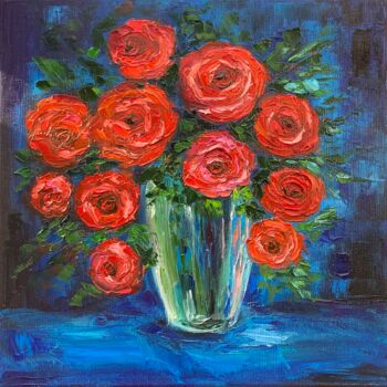 Painting titled "Red Roses" by Alla Kyzymenko, Original Artwork, Oil