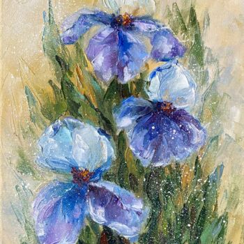 Painting titled "Purple Irises" by Alla Kyzymenko, Original Artwork, Oil