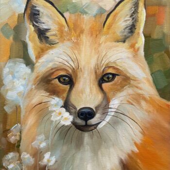 Schilderij getiteld "Fox in flowers" door Alla Kyzymenko, Origineel Kunstwerk, Olie