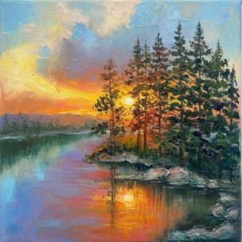 Schilderij getiteld "Sunset on the Lake" door Alla Kyzymenko, Origineel Kunstwerk, Olie