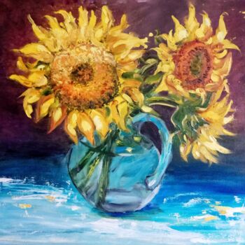 Painting titled "Sunflowers in a blu…" by Alla Orlova, Original Artwork, Oil Mounted on Cardboard