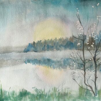 Painting titled "Forest in the fog a…" by Alla Orlova, Original Artwork, Watercolor