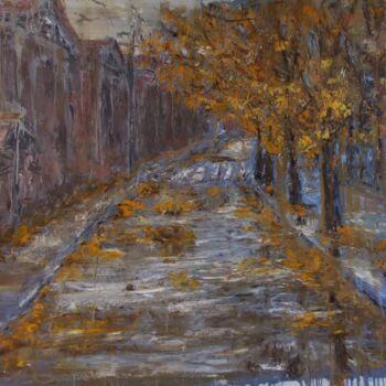 Painting titled "Rainy autumn" by Alla Ronikier, Original Artwork, Oil Mounted on Wood Stretcher frame