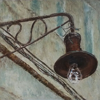 Painting titled "Rusty street lamp" by Alla Ronikier, Original Artwork, Oil Mounted on Wood Stretcher frame