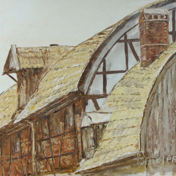 Painting titled "The roofs of the ol…" by Alla Ronikier, Original Artwork, Oil Mounted on Wood Stretcher frame