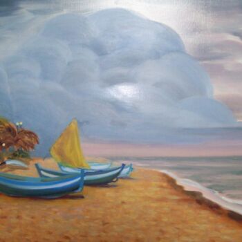 Картина под названием "Морской пейзаж с ло…" - Алла Сенаторова, Подлинное произведение искусства, Масло