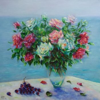 Painting titled "Roses and the sea /…" by Alla Tatarinova, Original Artwork, Oil
