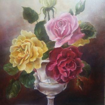 Painting titled "Натюрморт с розами" by Alla Mironenko, Original Artwork, Oil