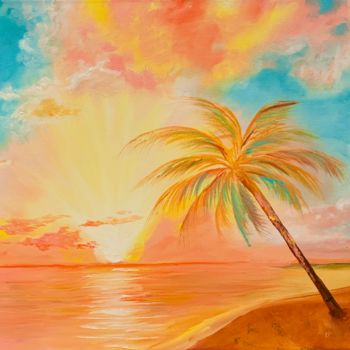 「Sunset oil Painting」というタイトルの絵画 Alla Alによって, オリジナルのアートワーク, オイル ウッドストレッチャーフレームにマウント