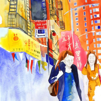 Peinture intitulée "chinatown" par Allais Rabeux, Œuvre d'art originale, Aquarelle