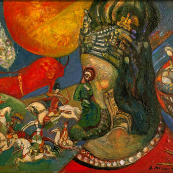 Pittura intitolato "Sasanian motive" da Allamyrat Muhammedov, Opera d'arte originale, Olio