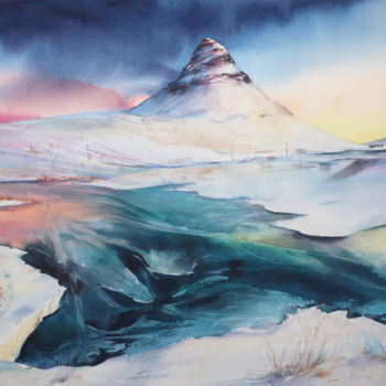 Pintura intitulada "Frozen Kirkjufell.…" por Alla Vlaskina, Obras de arte originais, Aquarela