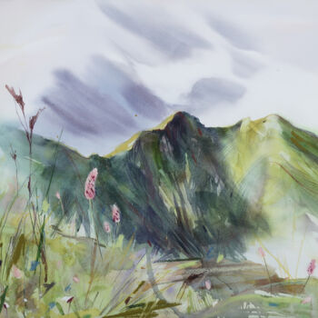 Pintura intitulada "Mountains in spring." por Alla Vlaskina, Obras de arte originais, Aquarela