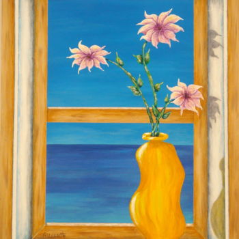 Painting titled "Yellow Vase" by Allegretto, Original Artwork, Acrylic Mounted on Wood Stretcher frame