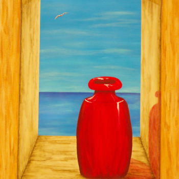 Painting titled "Red Vase" by Allegretto, Original Artwork, Acrylic Mounted on Wood Stretcher frame