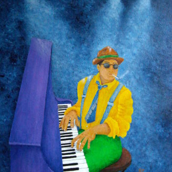 Painting titled "Piano Man" by Allegretto, Original Artwork, Acrylic Mounted on Wood Stretcher frame