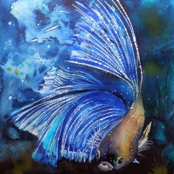 Ζωγραφική με τίτλο "Poisson bleu" από Christiane Allenbach, Αυθεντικά έργα τέχνης, Ακουαρέλα
