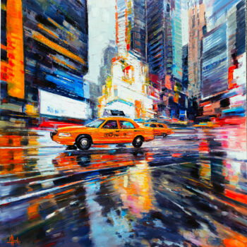 Painting titled "Yellow cab 2" by Allende, Original Artwork, Oil Mounted on Wood Stretcher frame