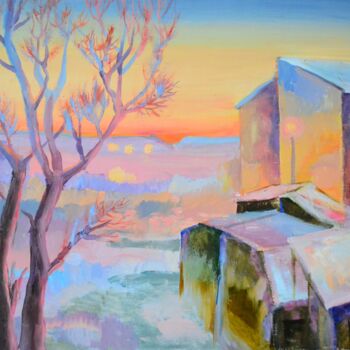 Painting titled "View from the window" by Elena Afanasieva, Original Artwork, Oil Mounted on Wood Stretcher frame