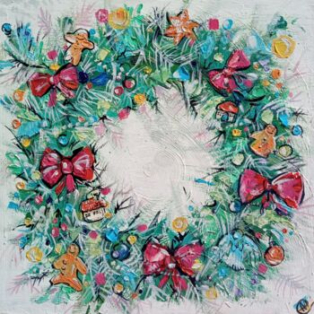 Painting titled "Christmas Wreath on…" by Skorokhoart, Original Artwork, Oil