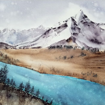 Malerei mit dem Titel "River under the mou…" von Svetlana Yumatova, Original-Kunstwerk, Aquarell