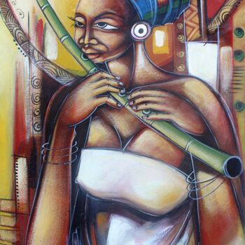 Pintura intitulada "Flautista Africana" por Ally José Moiane, Obras de arte originais, Óleo