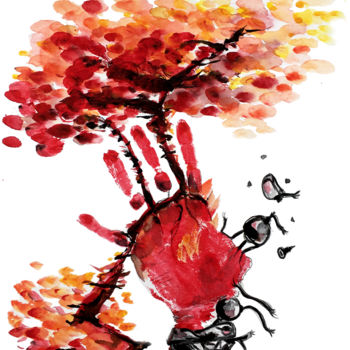 Pintura intitulada "La main rouge" por Almakan, Obras de arte originais, Aquarela