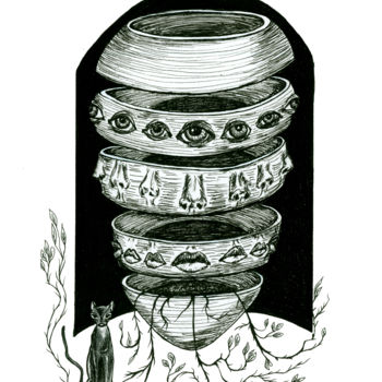 「Les 7 vies」というタイトルの描画 Almakanによって, オリジナルのアートワーク, インク