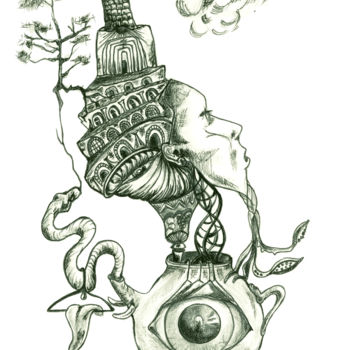 Desenho intitulada "Le génie de ma lampe" por Almakan, Obras de arte originais, Tinta