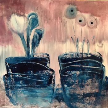 Peinture intitulée "Fleurs dans pots bl…" par Anna Coccia, Œuvre d'art originale, Acrylique